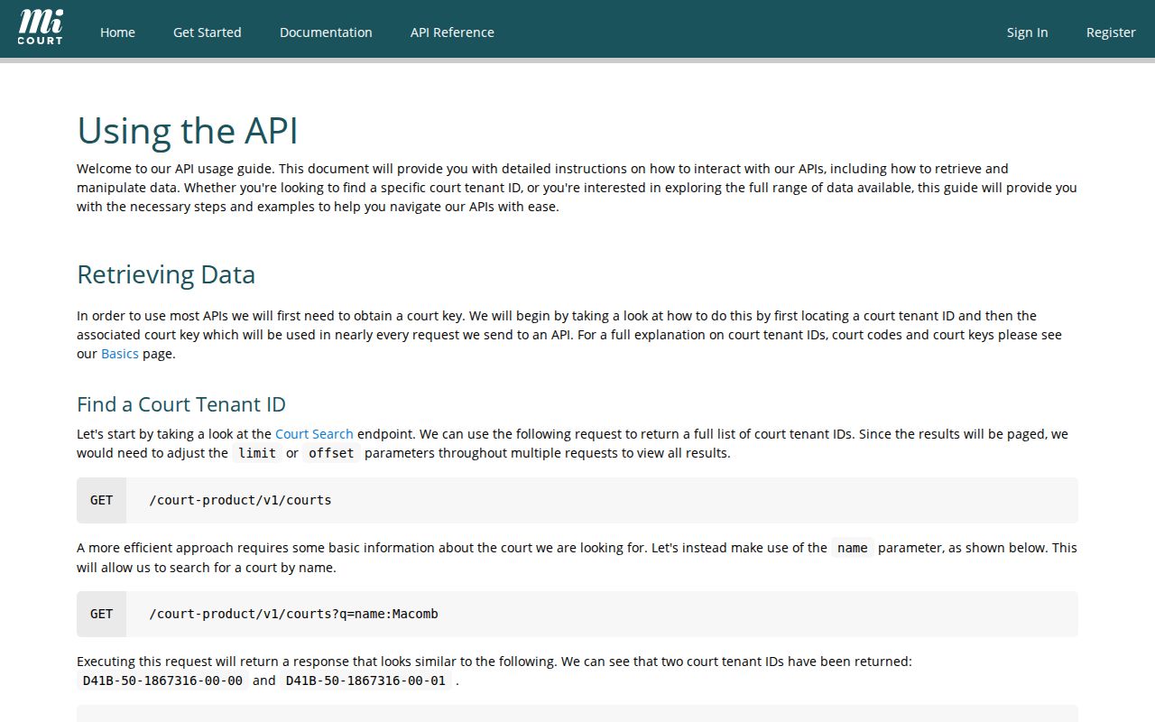 Menominee case search example of MiCOURT public case and event fields