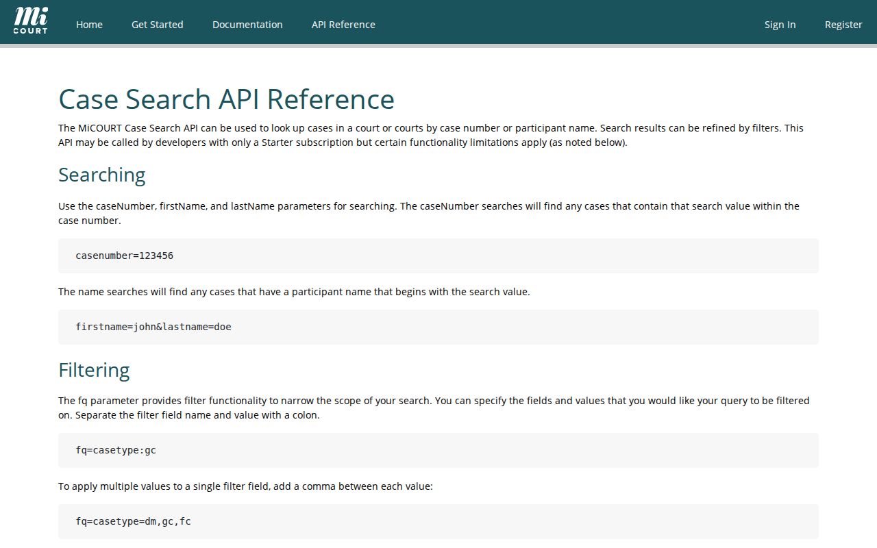 Menominee case search documentation showing MiCOURT public search modes
