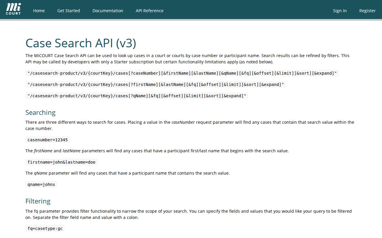 Menominee case search reference for MiCOURT filters, sorting, and paging