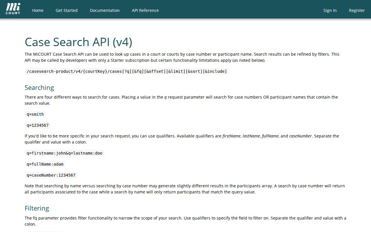 Menominee case search reference showing current MiCOURT category and status filters