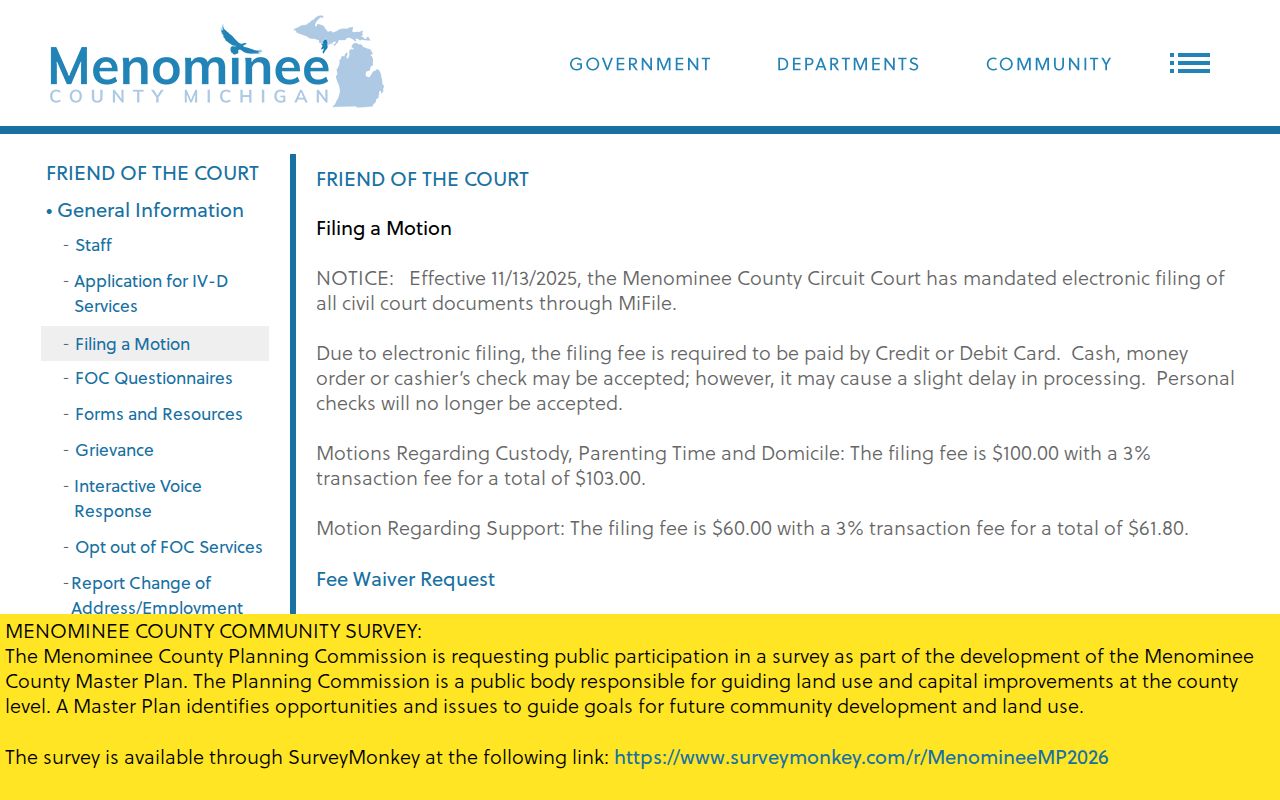 Menominee County civil docket Friend of the Court MiFILE filing notice