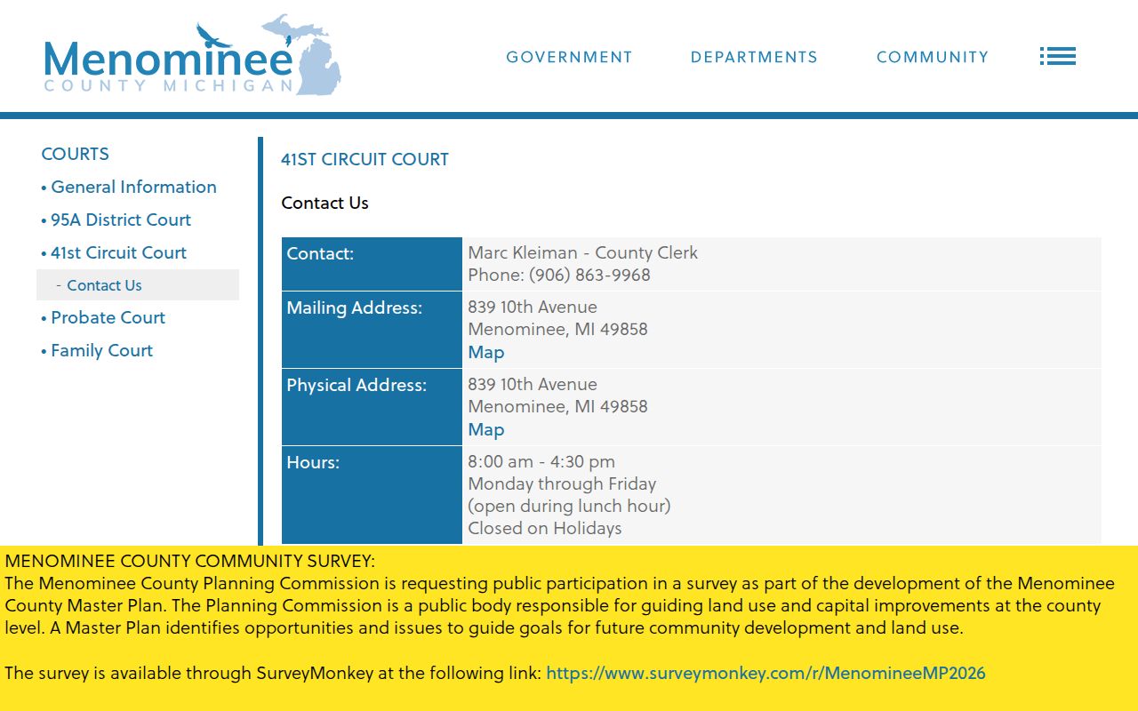 Menominee County court calendar 41st Circuit contact source