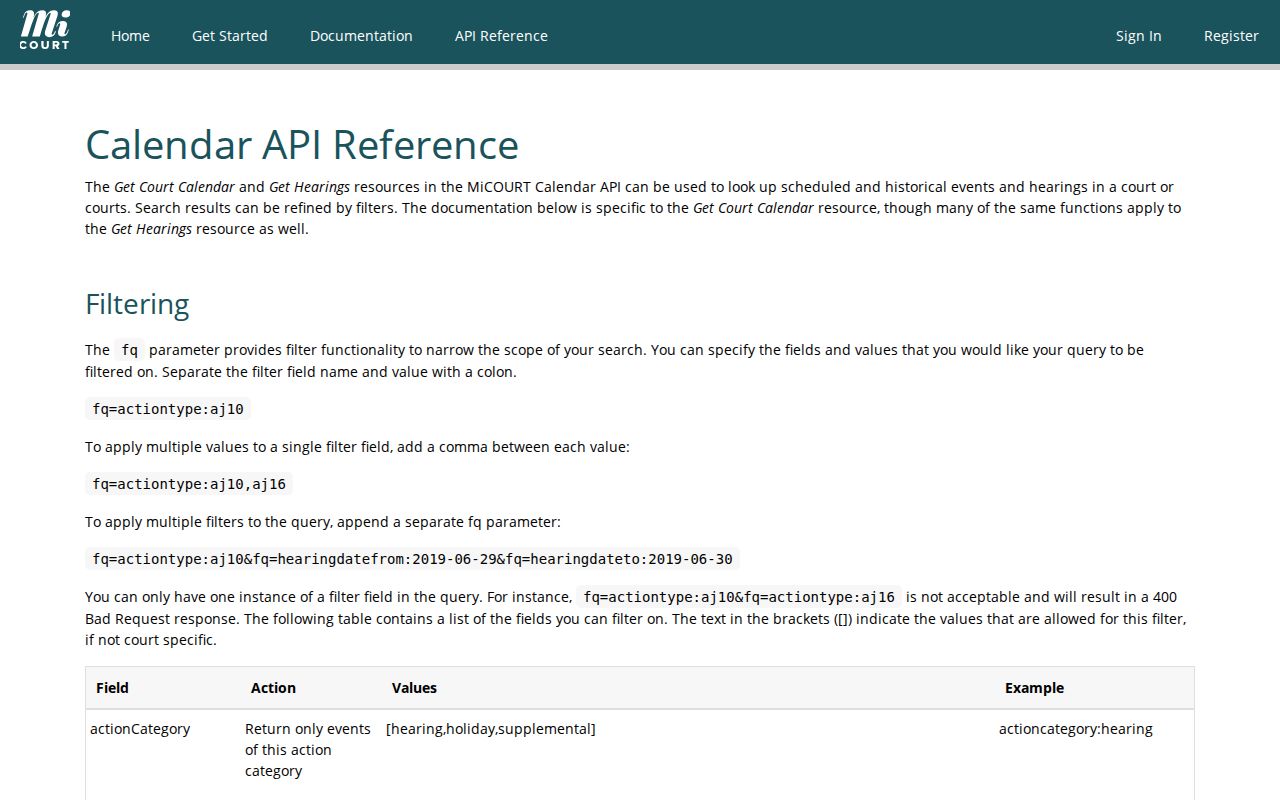 Menominee County court calendar API field source