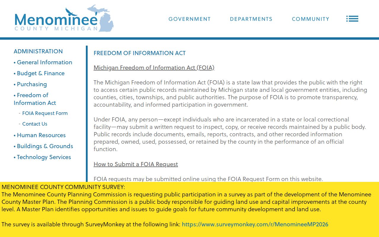 Menominee court records context showing county FOIA response and fee instructions