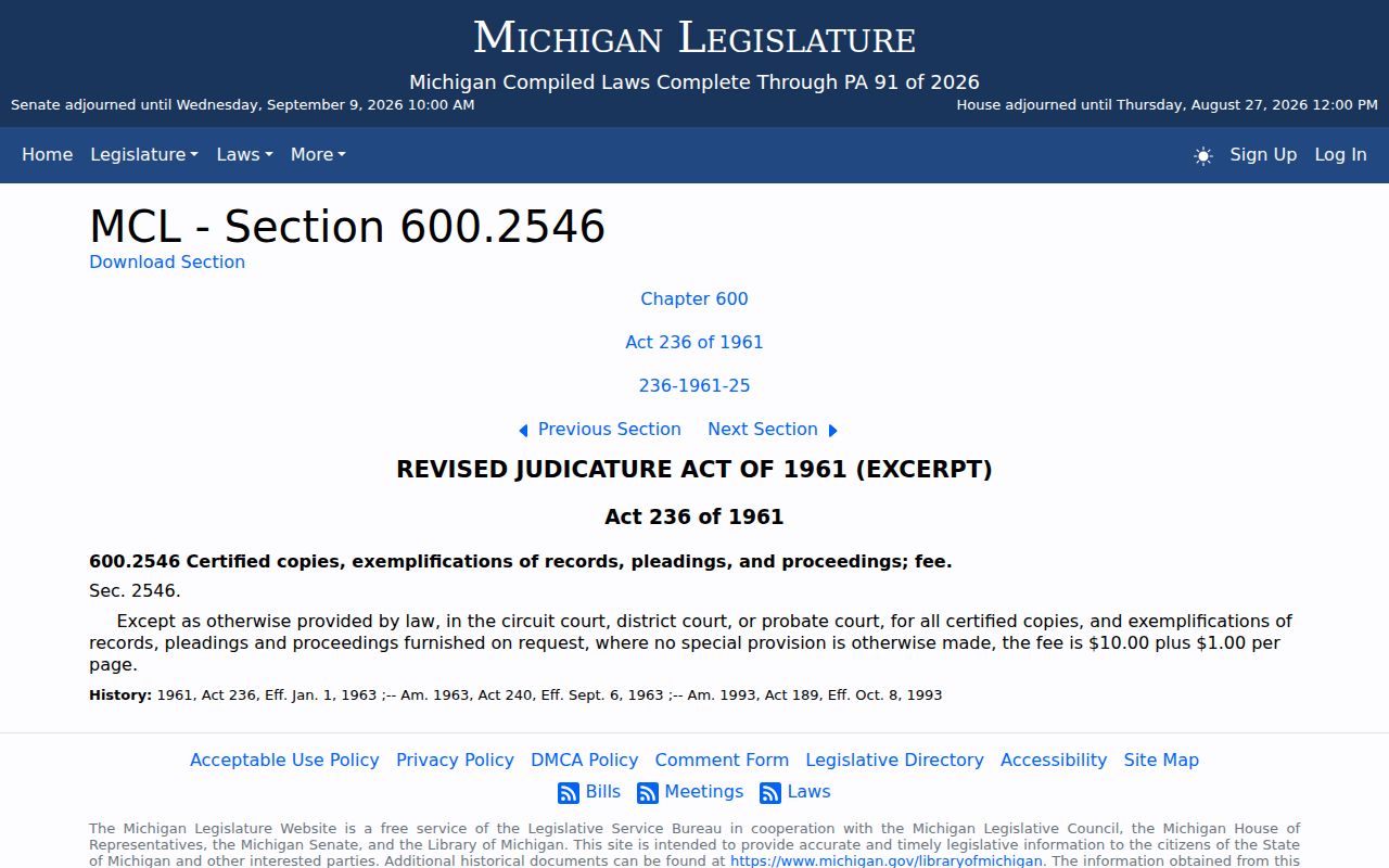 Menominee court records source for Michigan certified-copy fee guidance