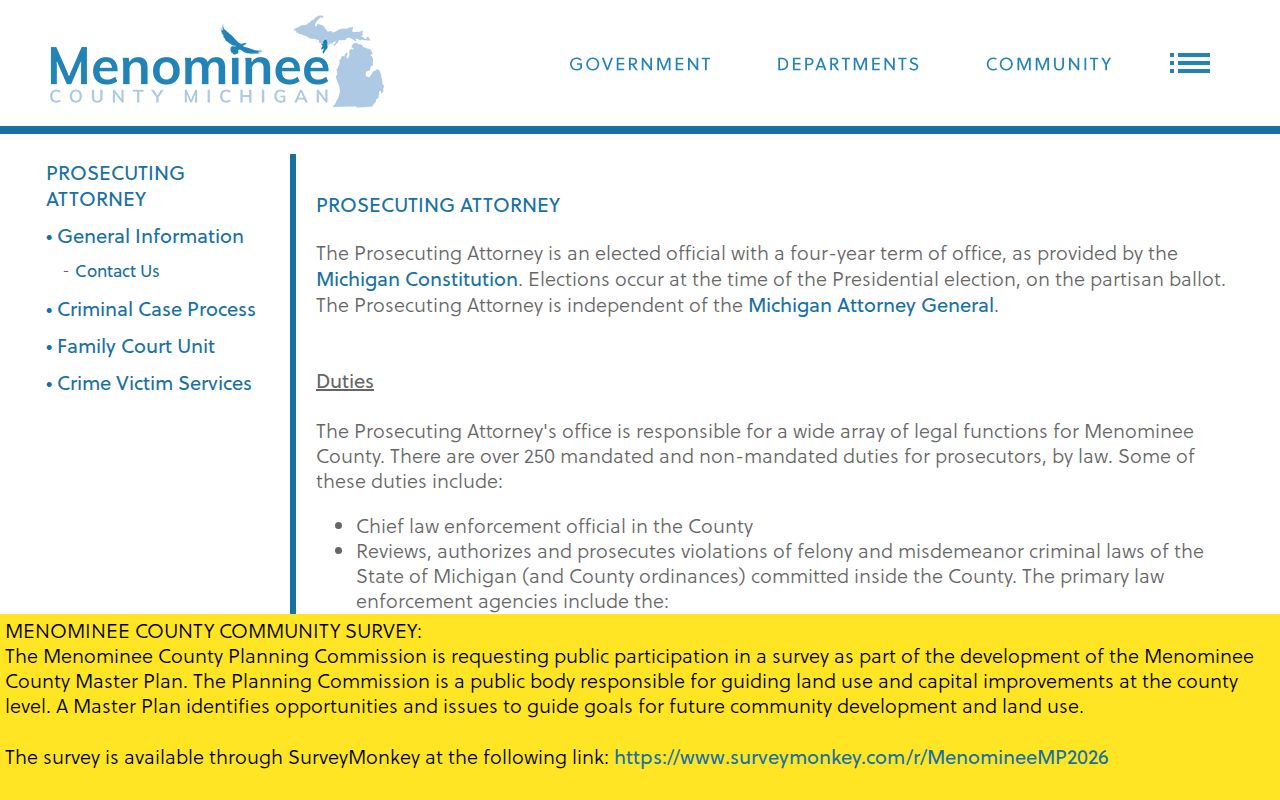 Menominee County criminal docket prosecutor office source information