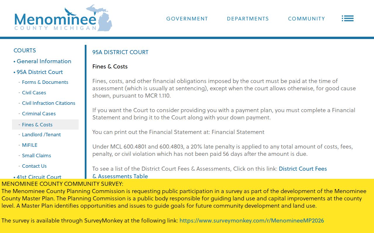 Menominee traffic court records source showing 95A fines and payment information