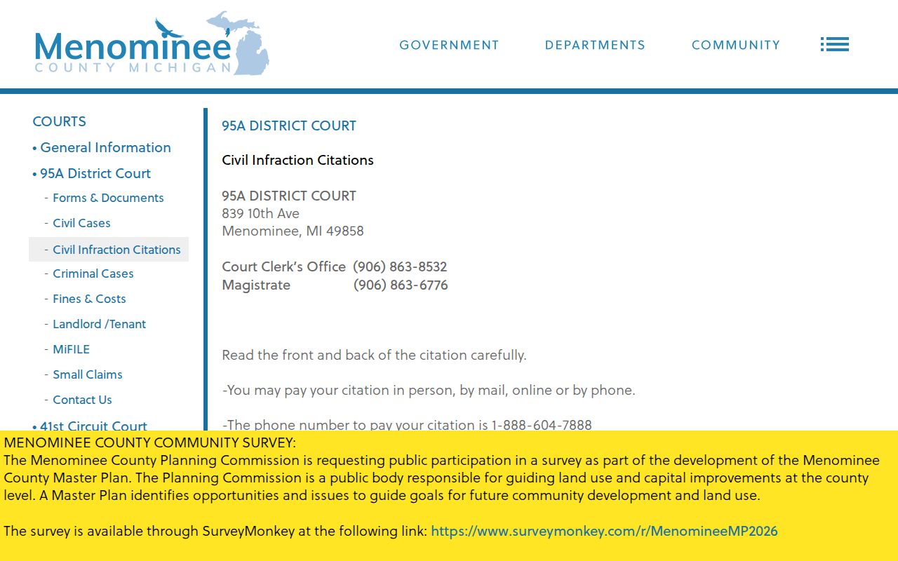 Menominee traffic court records source with 95A citation response and hearing instructions