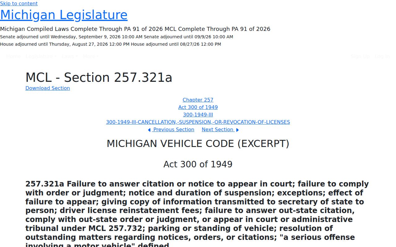 Menominee traffic court records source for Michigan missed-response citation law
